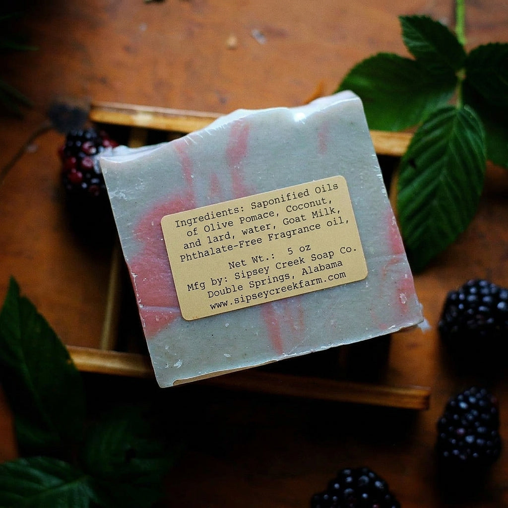 Back of wrapped Midnight Bramble soap showing the ingredient label, resting on a wooden dish beside blackberries and leaves.