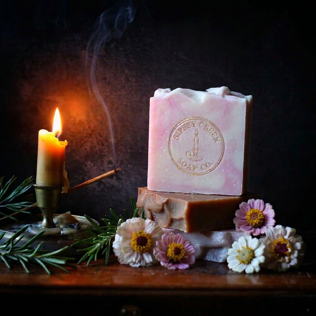 Pink and cream Blossom soap bars with an embossed Sipsey Creek logo, displayed with flowers, greenery, and a lit candle.