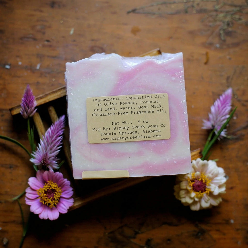 Back of wrapped Blossom soap showing its ingredient and 5-ounce weight label, on a wooden dish surrounded by flowers